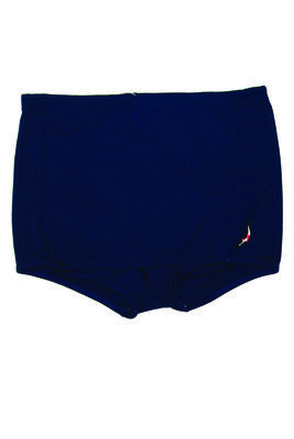 Bri nylon, dark blue trunks with skirt front and drawstring waist, 'Jantzen' label inside and Jantzen logo LHS , high cut sides 29cm, size 38. Machine made