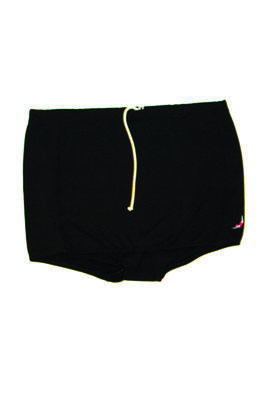 Bri nylon, black trunks with white drawstring cord, 'Jantzen' label inside and 'Jantzen' logo bottom LHS, high cut with 30cm long sides, size 40. Machine made