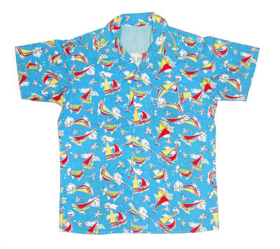 Cotton shirt sky blue background red yellow white pictures seagull sailing boat pattern square shape, machine made, front buttoning left breast pocket.