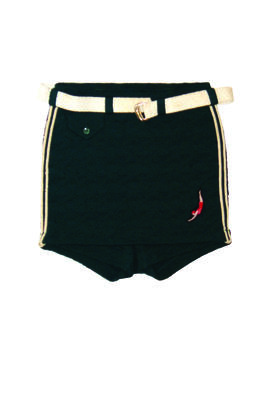 Woollen dark green trunks with white trim at sides and white belt with silver buckle. Raised diagonal pattern through material, small pocket URC, skirt front, 'Jantzen' Store label still attached, size 30. Machine sewn