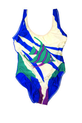 Nylon 80%, 20% lycra blue green white ocean pattern with large fish with purple striped round low back machine made