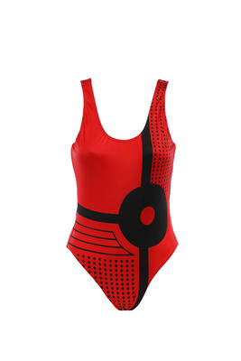 Nylon lycra red black dots stripes thick black circle at centre body pattern and plain low back machine made