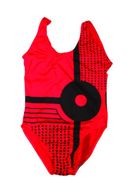 Nylon lycra red black dots stripes thick black circle at centre body pattern and plain low back machine made