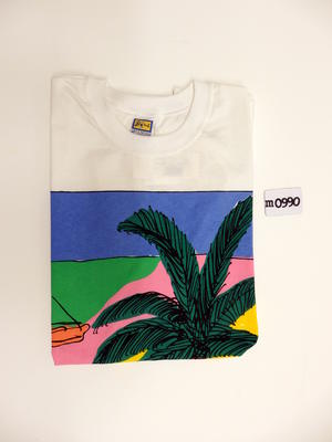 Cotton pink orange yellow green beach setting palm tree basic white cotton shirt with coloured square picture mid centre