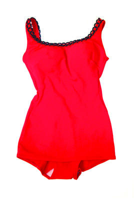 Red bri-nylon full piece with blue trimming padded top with low back and front skirt panel machine sewn size32