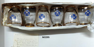 Six drinking glasses with creat of Manly Club and Golden Jubilee 1961 on each - in original presentation box