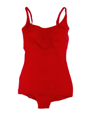 Red stretch nylon one piece padded top low back and front skirt panel label inside LHS machine sewn size 36, see 345