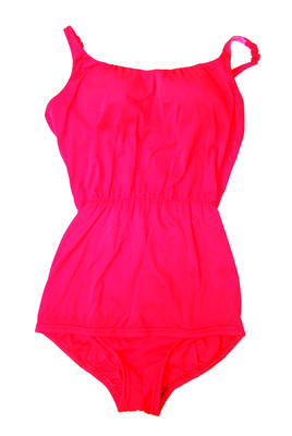 Deep pink Bri nylon one piece with shoulder straps, elasticed waist and modesty skirt, stiffened bra cups are inserted and straps are adjustable.