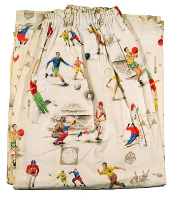 Cream curtain lined, featuring a pattern with various sporting figures printed on it