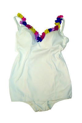 White bathing costume with mix coloured flowers 3 deep pink 3 pink 3 lilac 4 purple 4 yellow all nylon with matching white skirt machine sewn. For a larger woman. Two Items