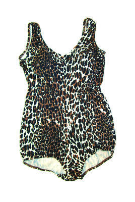 Stretch nylon full piece leopard skin pattern front in four panels low back padded top with boning elastic leg machine sewn label inside RHS size 36, leopard skin was a distinctive style in 1960s this is well shaped.