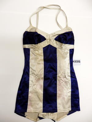 Rayon satin white & blue fully cotton lined, skirt style machine sewn, thin cross straps with lightening zipper, size 34.