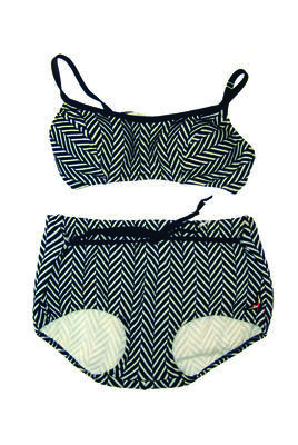 Bri-nylon lycra herringbone optical white and navy Navy tie top has stiffened cups size 38