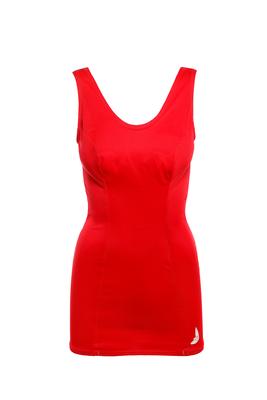 Nylon red skirt front ribbed stitching v-back. Princess line seamsm logo lower LHS.