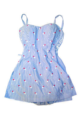 Polyester and cotton, blue and white stripes with red and white dots sewn, thin straps, skirt front and back, zipper down back, ribbing on sides, cups fully lined with skirt size 32 machine made, sarong style 2092