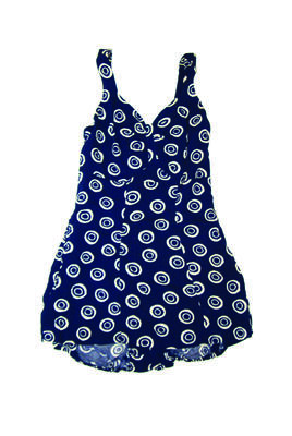 Cotton with skirt, elasticised legs zip at back strap gathered v-neck navy blue with white circles motif skirt front 1950's