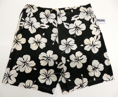 Black with white hibiscus flower motifs cotton two side pockets elasticised waist. Okanui's Machine sewn