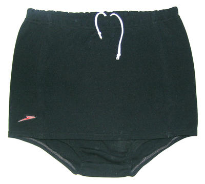 Black bri-nylon with front skirt. logo "Speedo" RHS, drawstring tie around middle, size 36