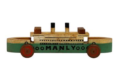 Handmade wooden and painted Manly ferry toy boat on wheels