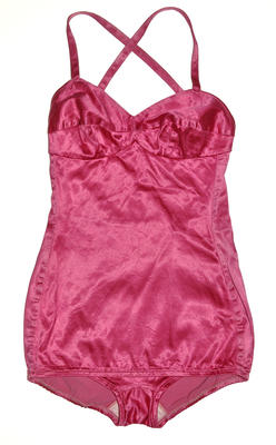 Hot pink satin female one piece with stomach panel,