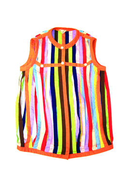 Sleeveless cotton beach coat multicoloured strips with orange trimming and three buttons fastened by two buttons at neckline and press stud at bottom mid-thigh length machine sewn label inside back