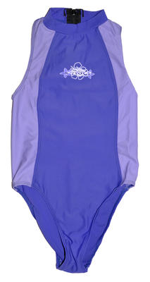 Two tone blue nylon one piece with high neck and zipper at back