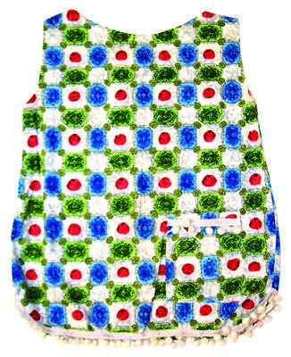 sleeveless cotton beach top to mid-thigh blue green and red circular patterns on grey pocket LHS with pom-pom trim on edge and along bottom machine sewn