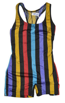 Multicoloured wide striped box legged nylon one piece