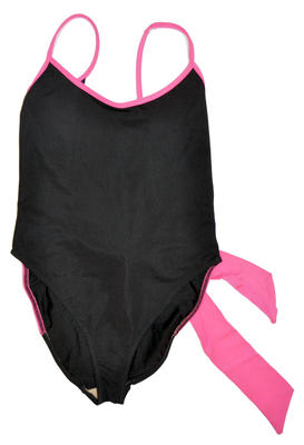 Black and pink nylon one piece with back bow