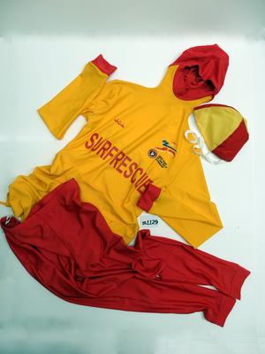 yellow & red 3 piece female lifesaving uniform - long pants, top and cap