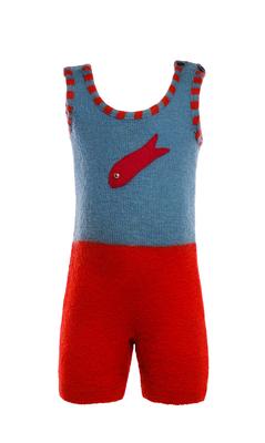 woollen suit with red bottom and light blue top trimmed in red with a red fish motif