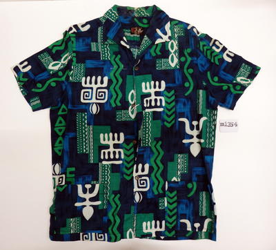 Short sleeve shirt. Cotton. Two pockets, buttons down front. Blue, green, white, turquoise tribal motifs