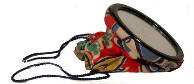 Small cosmetic bag. Red background, seashell print, mirror bottom, drawstring closure with blue cord cotton