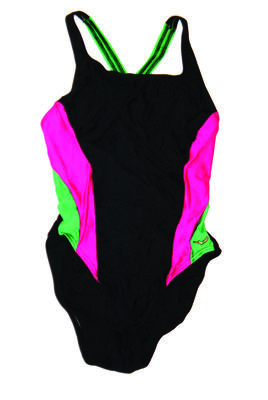 Black front panel pink fluoro side panels and green panels low cut black back green cross back straps lycra fabric diving woman on hop