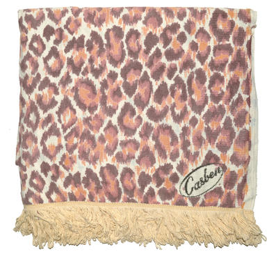 Leopard print maroon & orange colours on white background cream cotton fringe