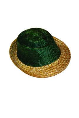 Male green coloured head, gold lurex brim Straw Machine made