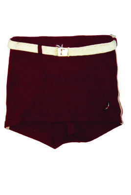 Maroon "pure virgin woolknit" trunks, white cotton belt with silver buckle with embossed 'Jantzen logo', skirt front, white trim down sides, Jantzen logo front bottom LHS, size 34 (* photograph of wearer accompanied, compare with earlier version MO134)