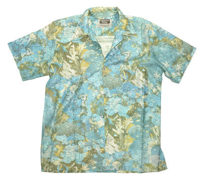 Printed cotton underwater photo-print shirt four white plastic buttons down front Short sleeve blue & yellow ochre colours