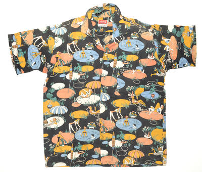 Beach shirt relaxing by the pool motif black background with blur yellow & white colours Short sleeved cuffed. 5 plastic buttons down front Made in England