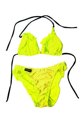 Yellow black spotted bikini, frill sides on bottoms frill on top decolletage with black ties. Lycra fabric machine sewn