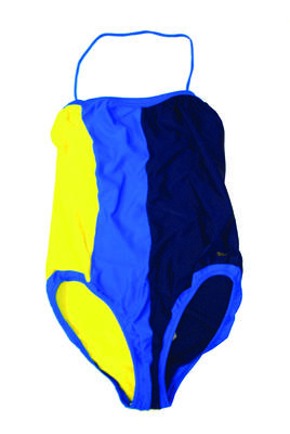 Blue & navy vertical panels and yellow panel, blue trimming around top and legs blue string around neck plastic clip across back lycra fabric