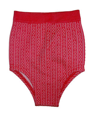 Red and white knit stripe print trunks in acetate and rubber material