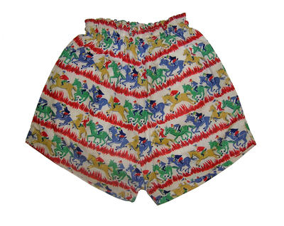 Cotton horse and jockey print trunks with red strip in blue green and yellow