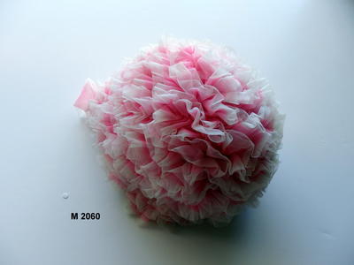 Pink and white nylon frilled bathing cap with rubber interior. The nylon frills are stiched onto rubber strips which are then stuck to the cap.