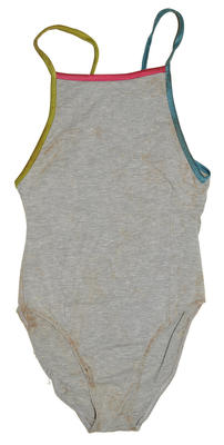 Polyester cottom lycra one piece in grey marble colour. Green pink blue brown around straps. Front lined with lycra.