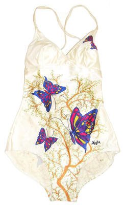 Polyester lycra one piece with white background butterfly print on front and rear in blue red pink yellow purple. Brown and green tree print also. 'Maglia' written on BL corner of front