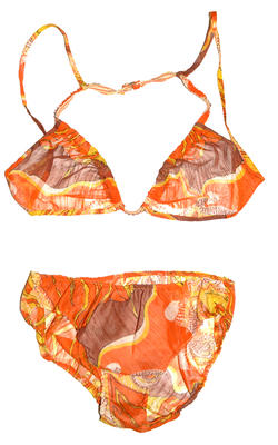 Transparent polyester bikini with brown yellow white patterned print, small 'Piz Buin' lettering throughout. Spaghetti straps for top. Front pants lined.