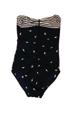 Nylon lycra one piece black straps with elastic detail down centre. White zigzag print on bodice and black/white horizontal stripe across top, no logo attached.