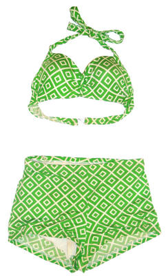 Nylon bikini green with white diamond print tie straps to top with gathered detail, boy leg with pantie lining.