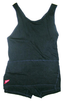 Navy cotton knit, singlet top and skirt front. Red Speedo logo in front RH corner.